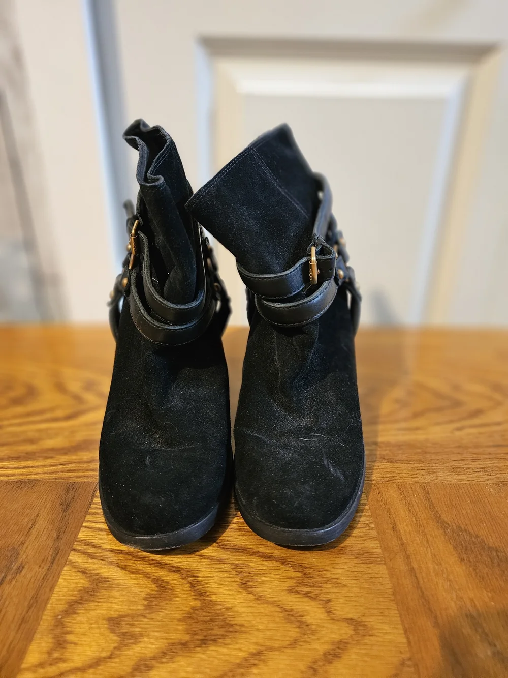 UGG Black Suede Ankle Booties with Harness Strap Sz 8